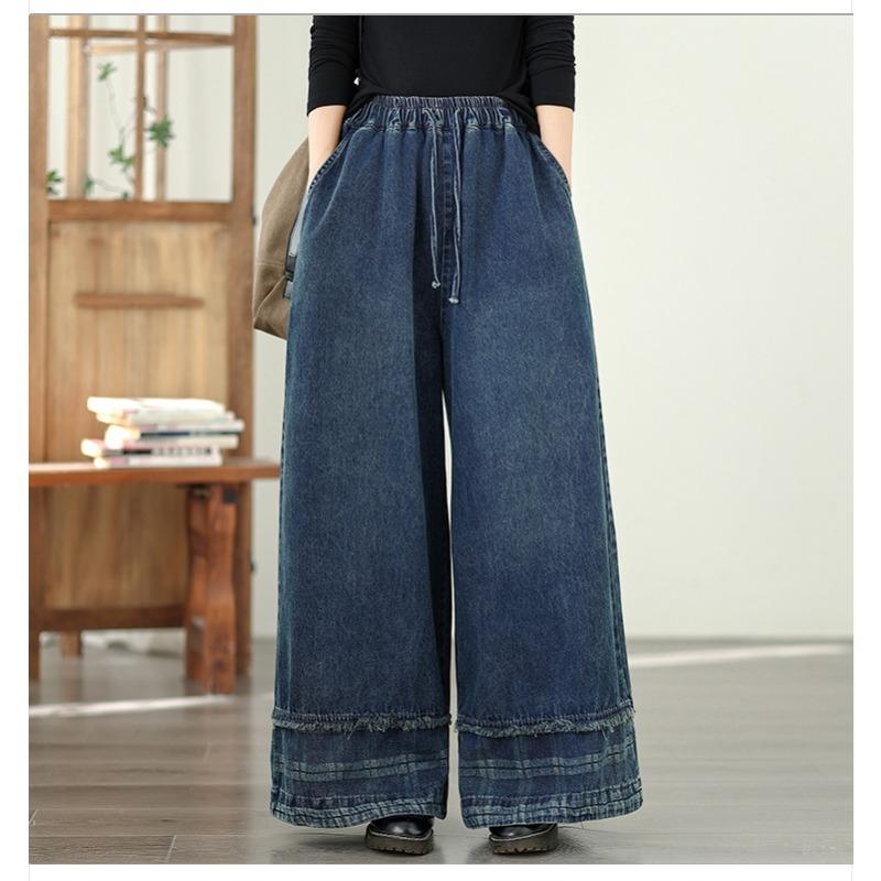 DIMANAF 2026 Summer New Plus Size Women Jeans Elastic Waist Long Pants Loose Casual Denim Cotton Trousers Plaid