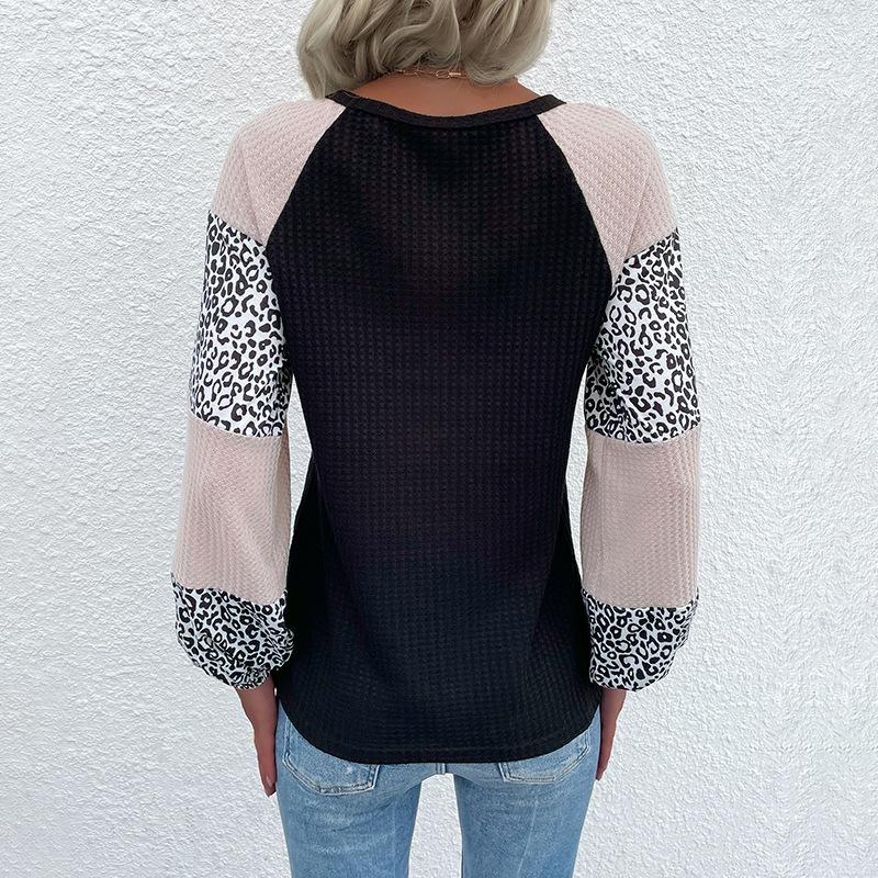 Women's Crew Neck Knitwear, Color-Block, Leopard Print