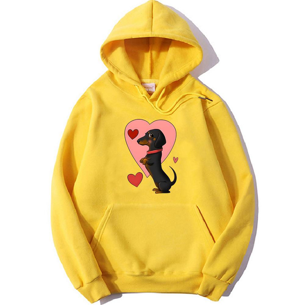 Kapuzenpullover mit Dackel-Grafik, niedlicher Tierdruck, Kleidung für Damen, liebevolle Kapuzenpullover, Herbst/Winter, Fleece-Sweatshirt, Unisex-Kapuzenpullover
