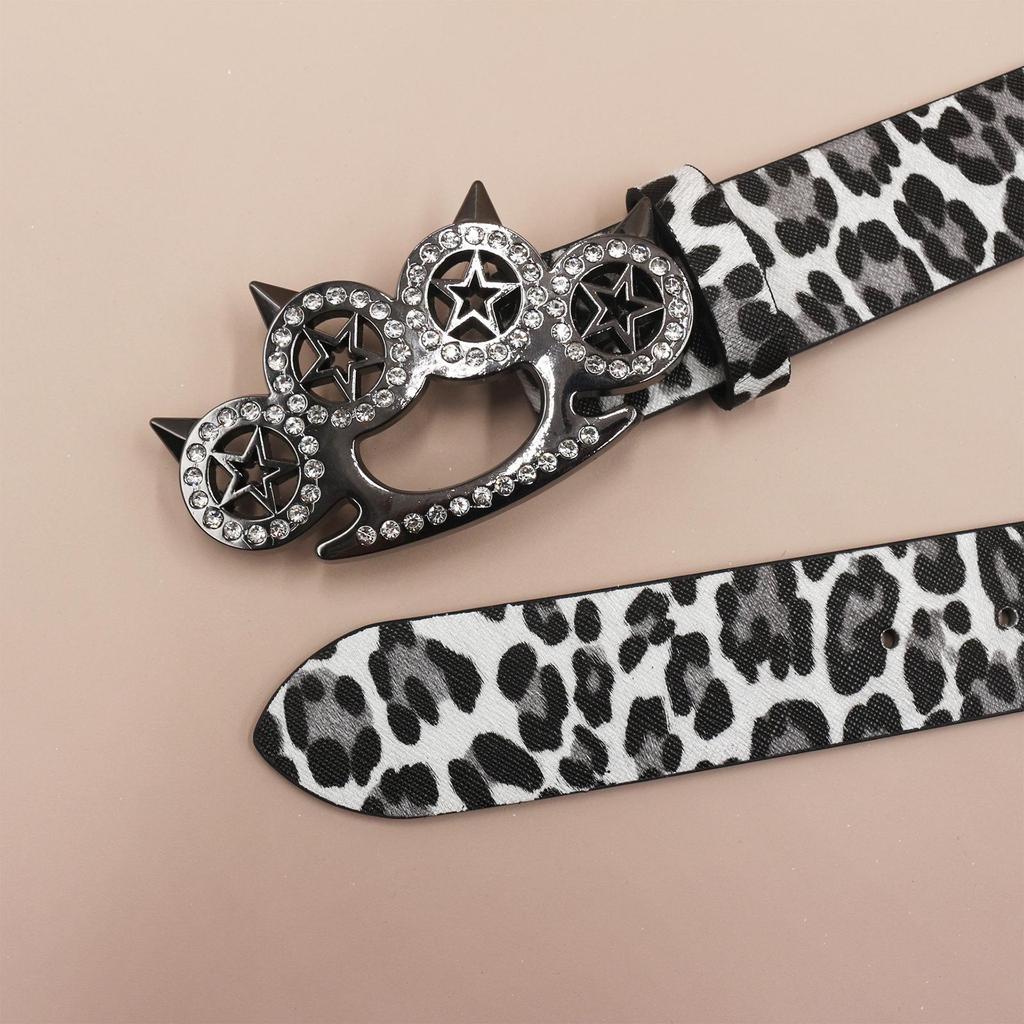 Y2K Leopard Print Rhinestone Tiger Claw Punk Women's Leather Belt