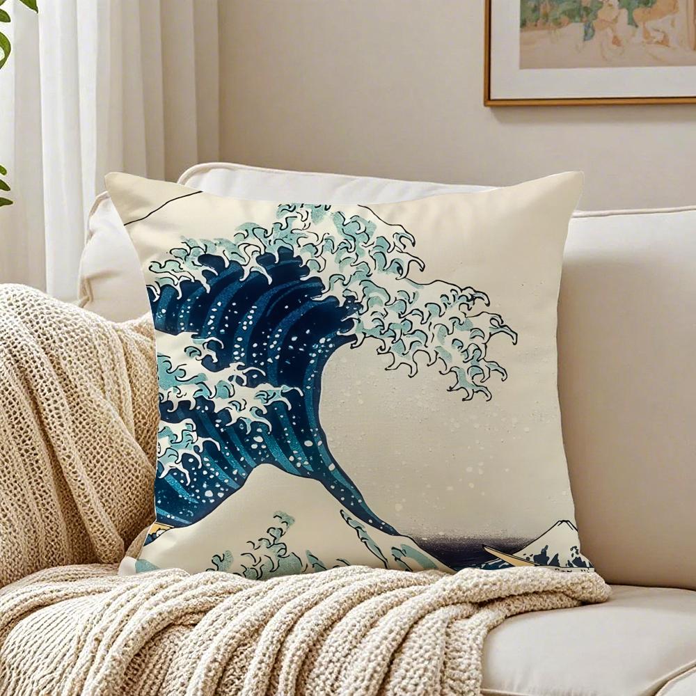 Beautiful Art Japanese Waves Anime Cushion Cover Linen Pillowcase Soft  for Sofa Bed Home Room Decor