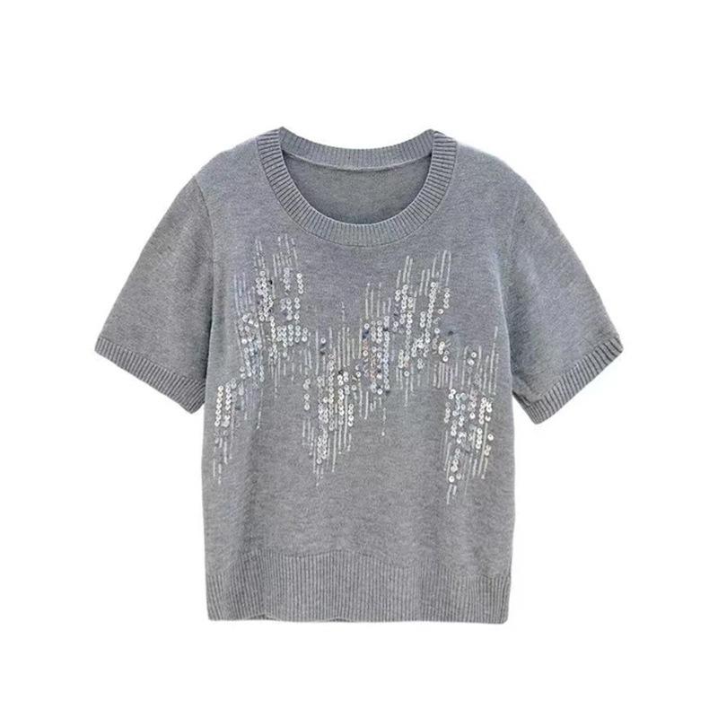 women round neck sequin knit top short sleeve casual t shirt