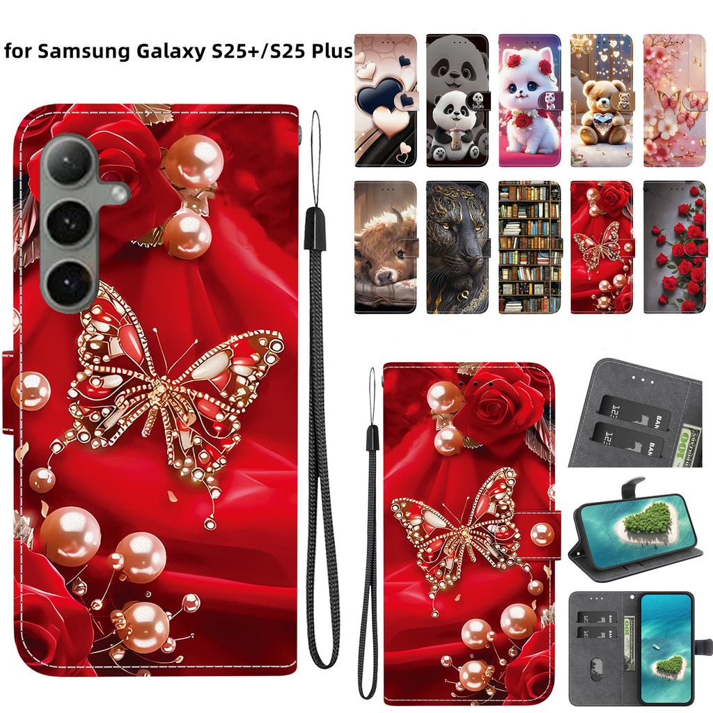 Handmade PU Leather Flip Case for Samsung Galaxy S25+/S25 Plus (SM-S936B)- Anti-Slip Shockproof Cover with Wrist Strap & Heart/Rose Cat Designs