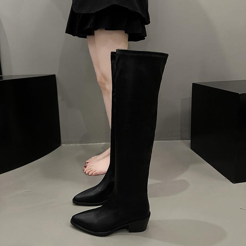 Knee high boots long boots children's autumn new square head high heel small slim elastic knight boots
