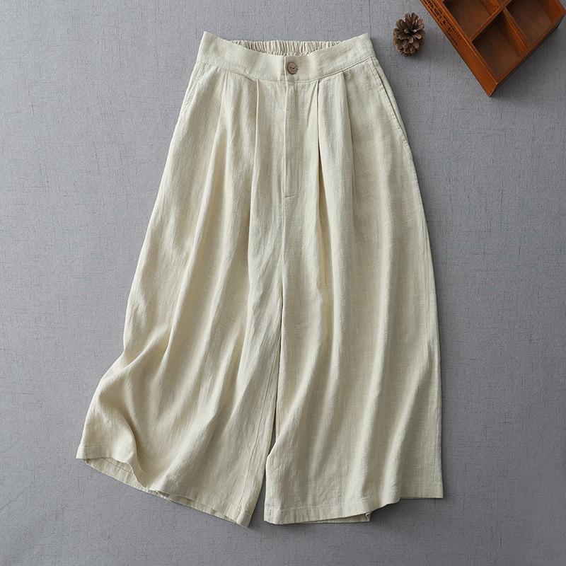 Real Shot Summer New Straight Cotton and Linen Literary Loose Retro Nine-point Wide-leg Pants Women