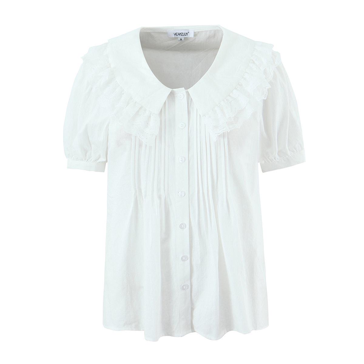 Women s White Cotton A-Line Dress with Ruffled Doll Collar and Puff Sleeves Small