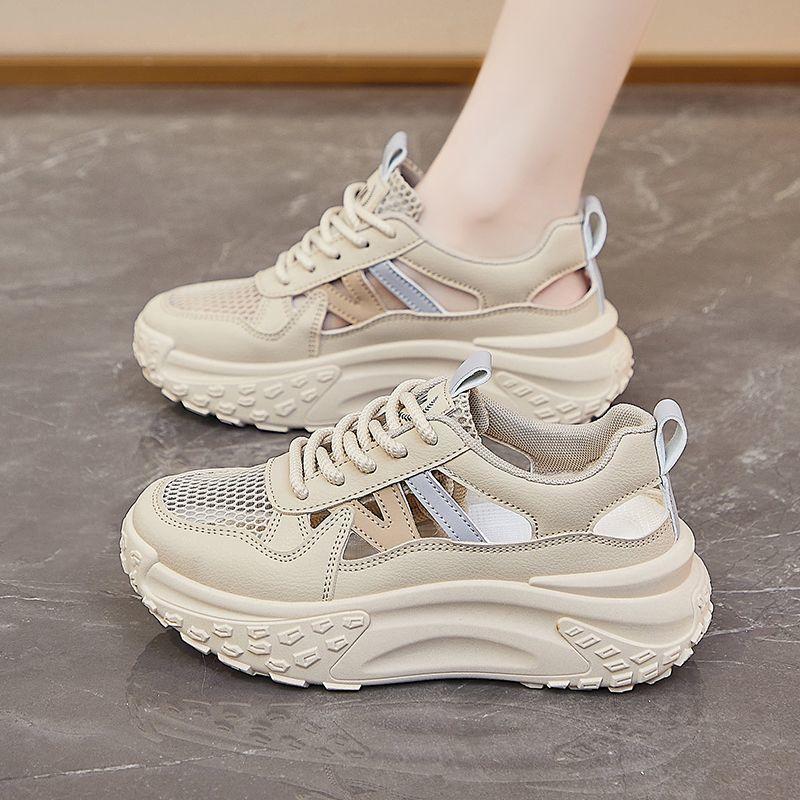Foreign Trade Hollow Muffin Shoes 2025 Summer Breathable Heightening Retro Sports Shoes Mesh Hong Kong Style Casual Dad Shoes Women