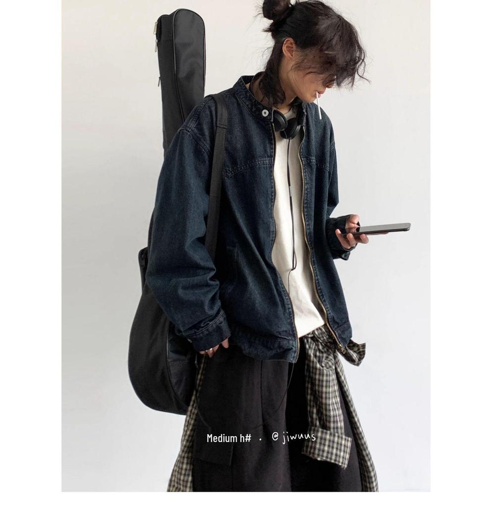 Pánská japonská retro distressed džínová bunda na jaro a podzim - Ležérní, volný střih pro páry