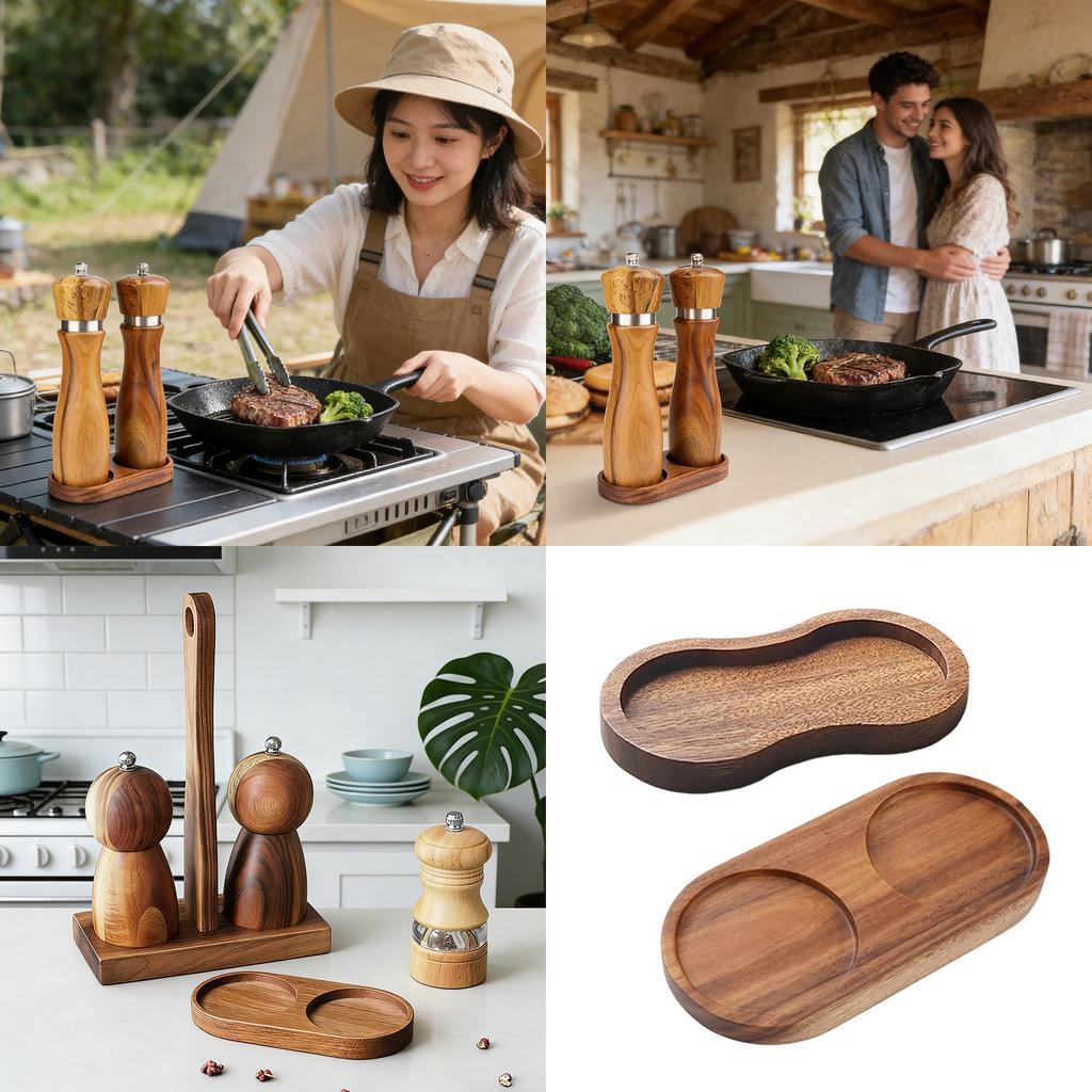 2 Hole Base Tea Tray Home Decoration Seasoning Bottle Storage Holder Wood Pepper Mill Tray Bamboos Salt Pepper Shaker Stand