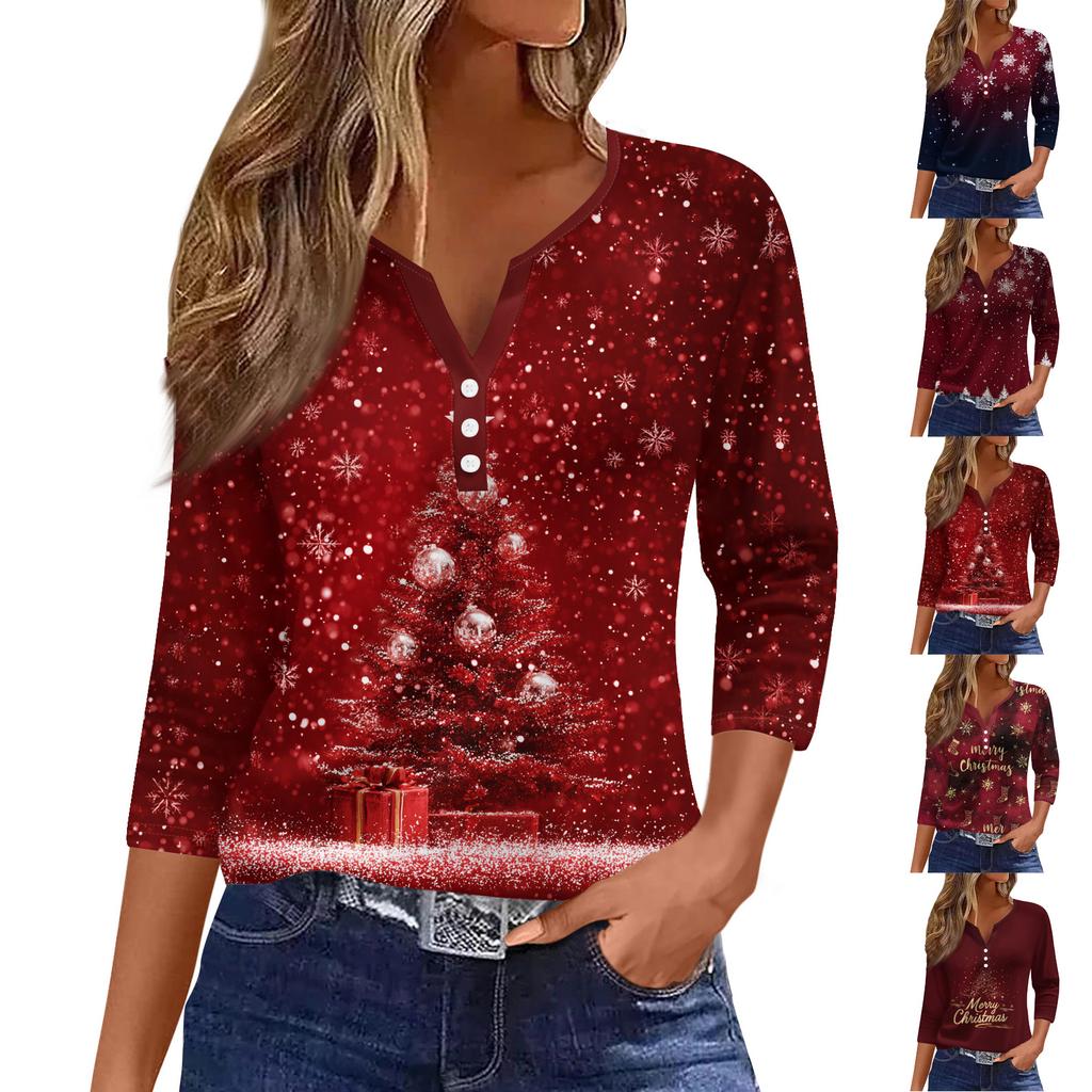 Women's Fashion Casual Christmas Tree Print V-Neck Decorative Button Three-Quarter Sleeve T-Shirt Top