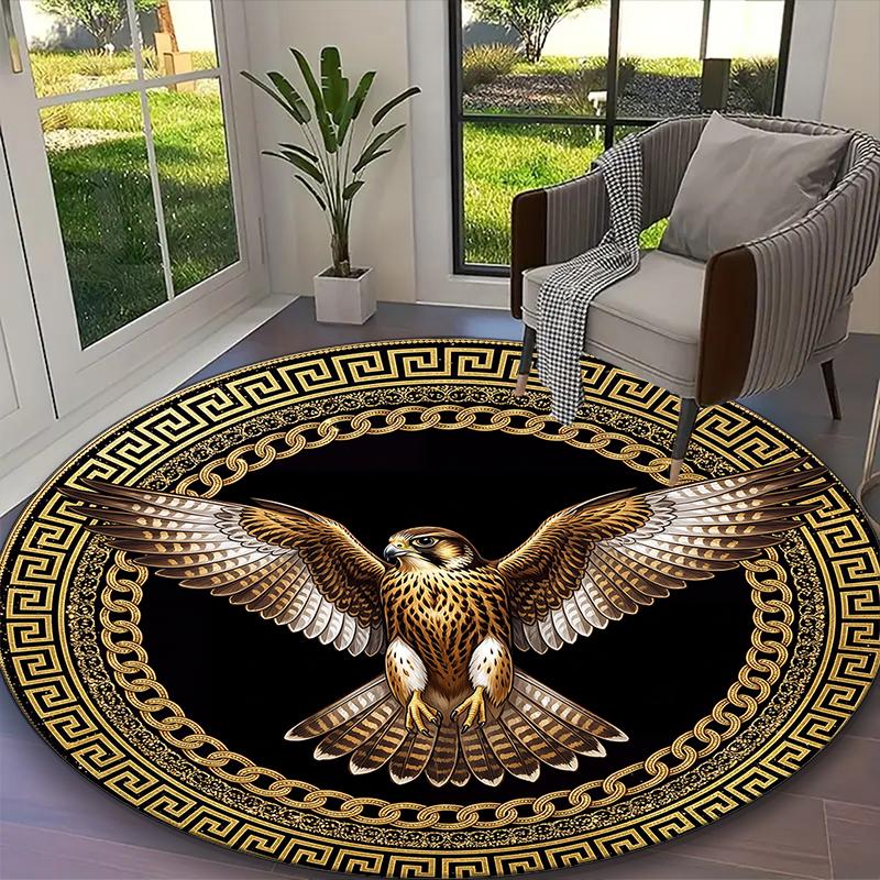 Golden Bold Falcon Rug Ideal for Reading Room, Multi-purpose Office Chair Sofa Carpet, Anti-slip Printed Home Round Rug