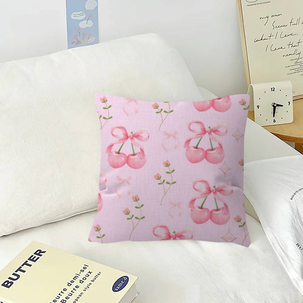 Art Pink Bow Cherry Lovely Kawaii  Cushion Cover  Polyester Sofa Cushions Decorative Throw Pillows Home Decoration Pillowcover