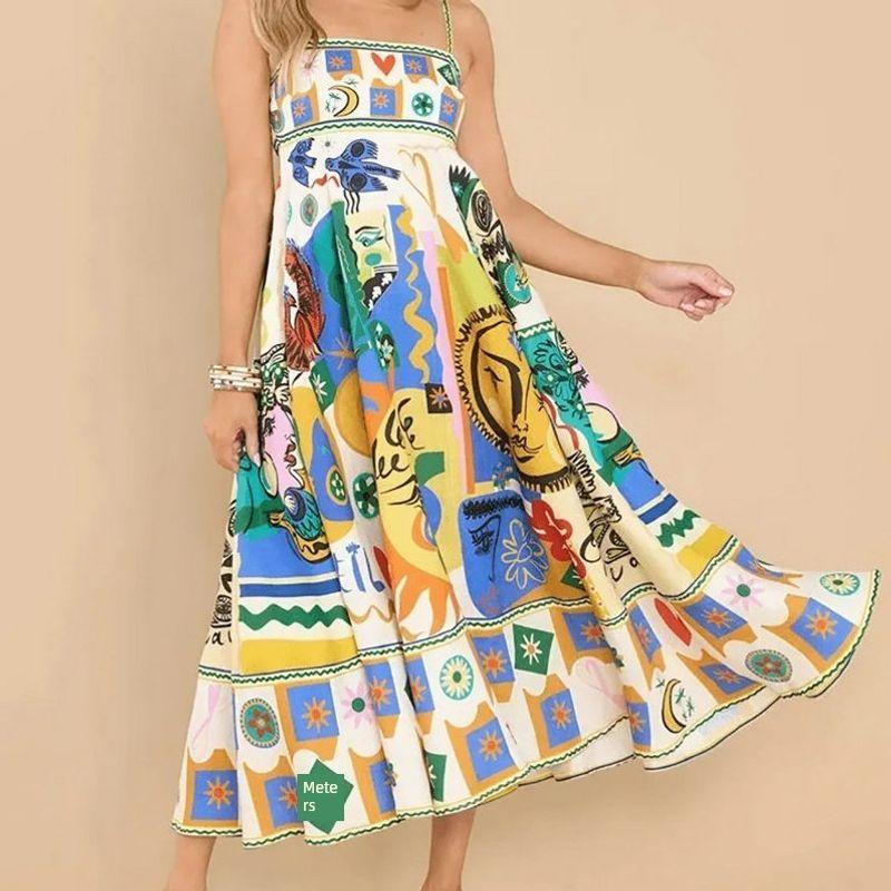 

2025 Women s Oil Painting Graffiti Printing Suspender Skirt Sexy Fancy Backless Slimming Big Swing Dress Women Printed L