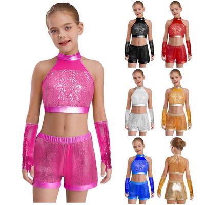 Girls Dance Performance Set Sleeveless Crop Top Keyhole Back Glittery Sequin Design Shorts Tassels Gloves