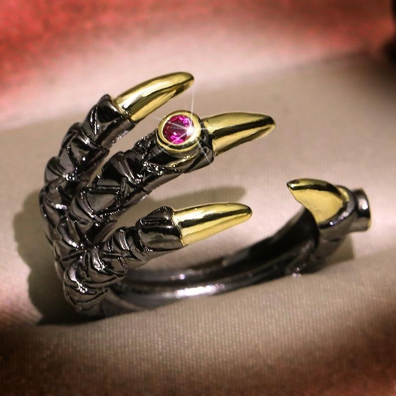Vintage Metal Dragon Claw Ring for Menn Personlighet Punk Two Tone Innlagt Rosa Zircon Demon Ring Party smykker