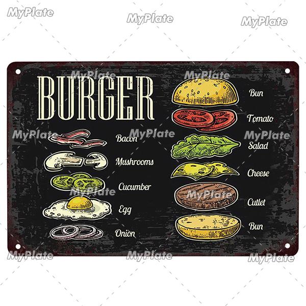 [MyPlate] Hamburger Metal Sign Plaque Metal Vintage Tin Sign Wall Decor For Club Man Cave Bar Decoration Tin Plate