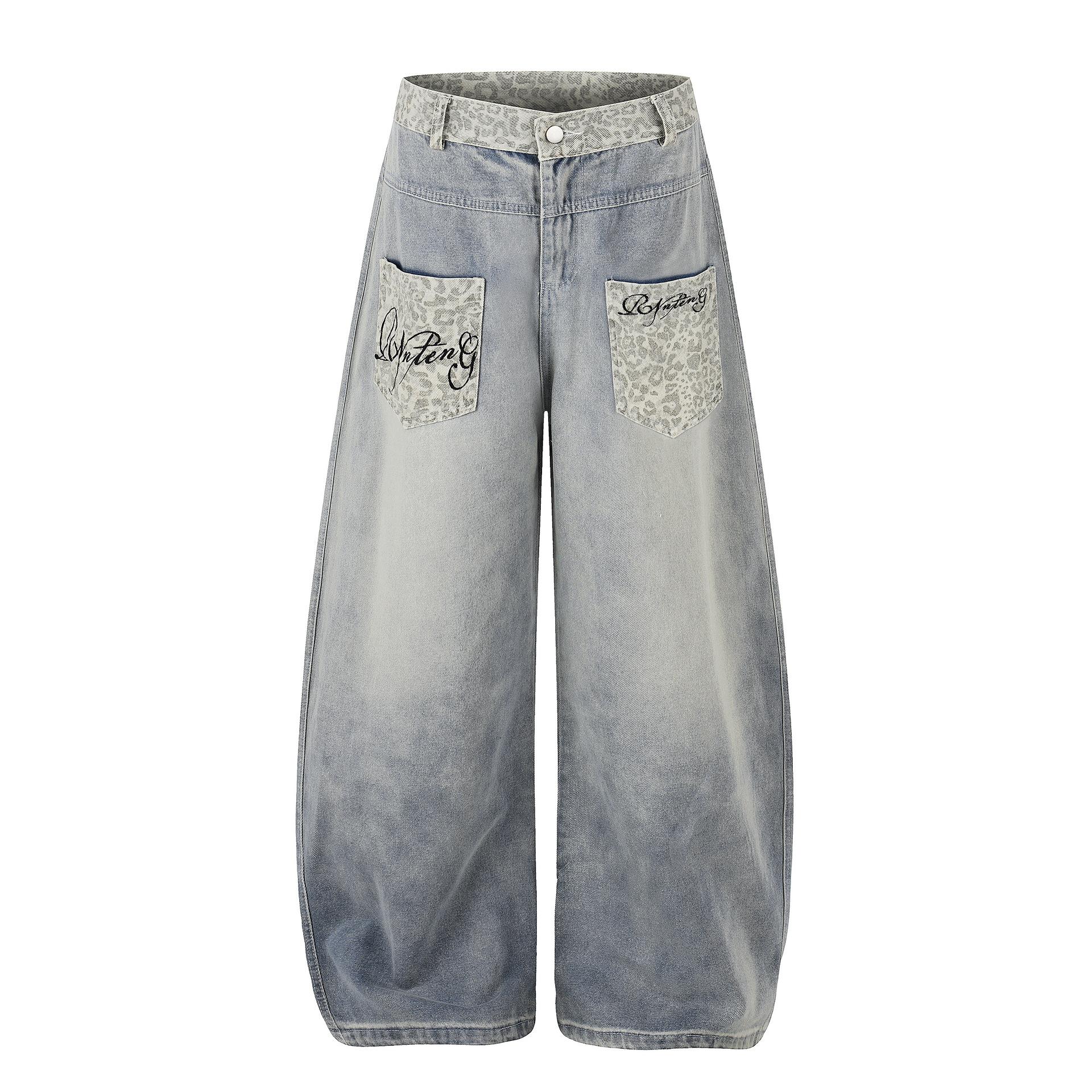 European and American scimitar pants retro loose jeans leopard print personalized fashionable wide-leg pants men S