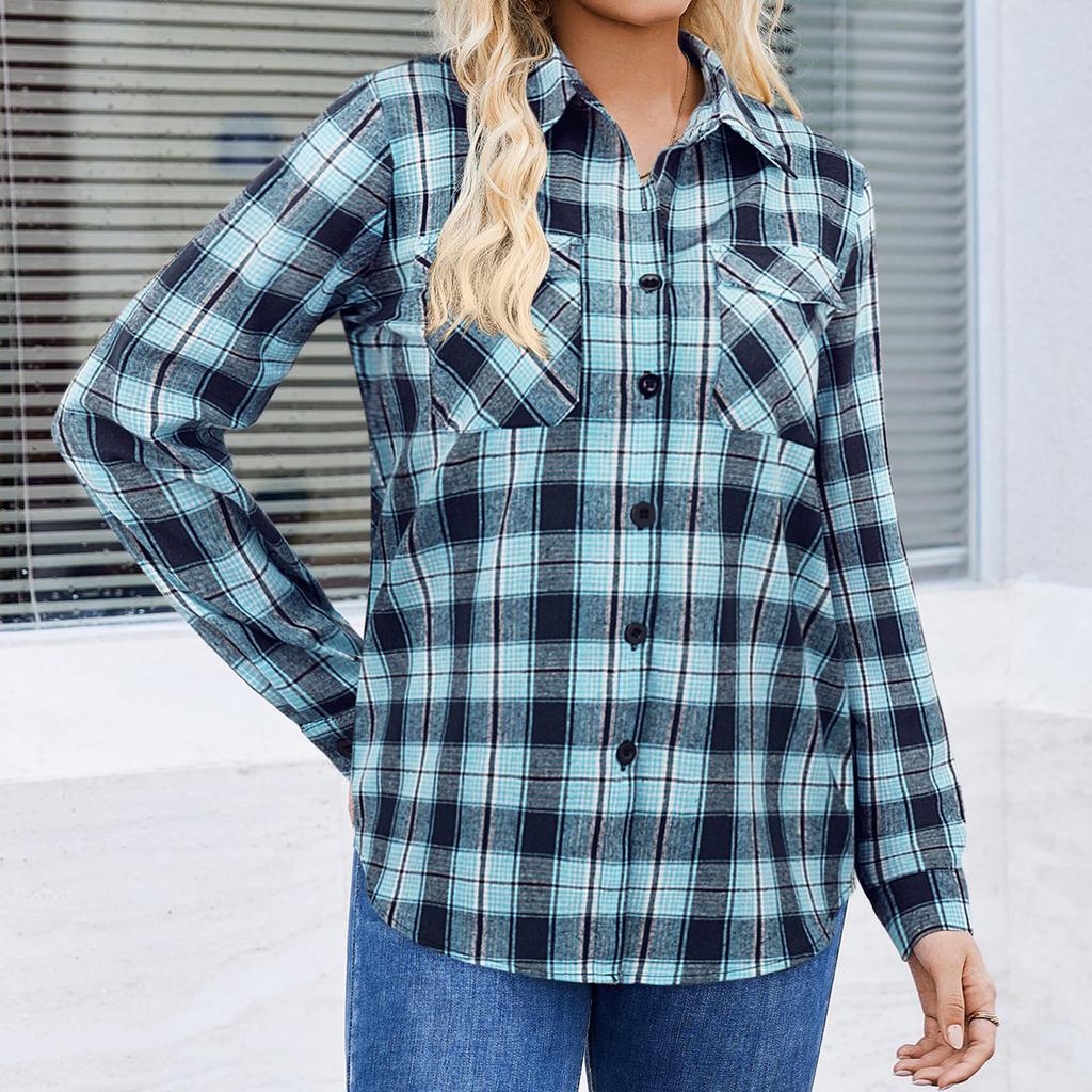 Giacca Camicia Casual da Donna a Quadri con Maniche Lunghe e Collo a Revers