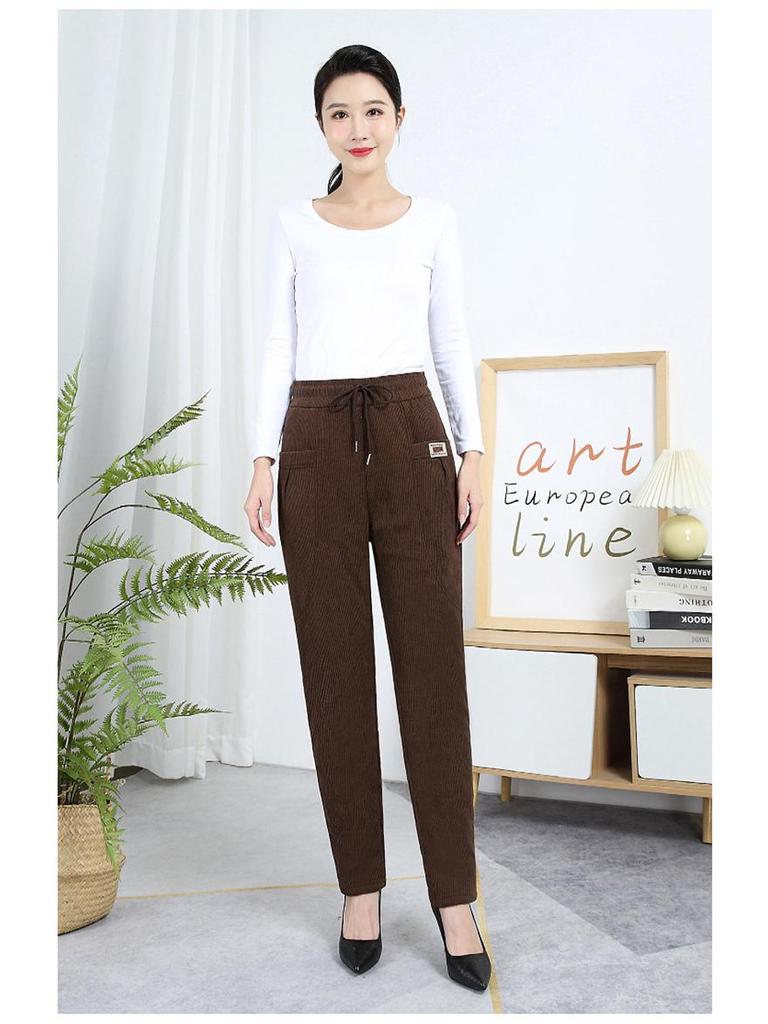 Mom's Winter Style High Waist Corduroy Cotton Pants for Middle-Aged and Elderly Women - Loose, Plus Velvet, Straight Leg