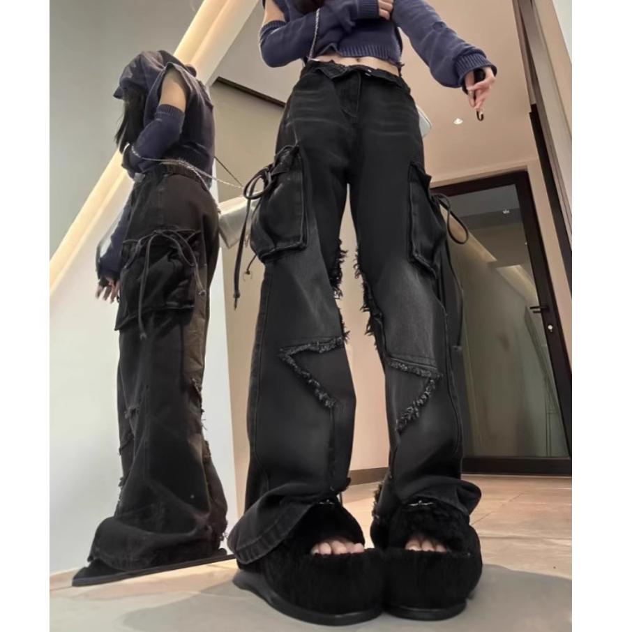 Women's Black Gothic Loose Work Jeans with Stars Harajuku Y2k Aesthetic Vintage Jeans Pockets Design Trousers
