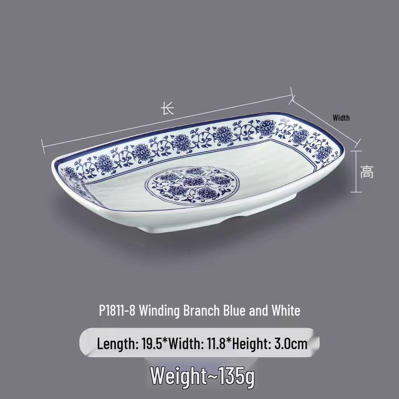 Melamine Rectangular Dinner Plate for Hot Pot, BBQ, and Cold Dishes - Porcelain-Look Restaurant Plate.