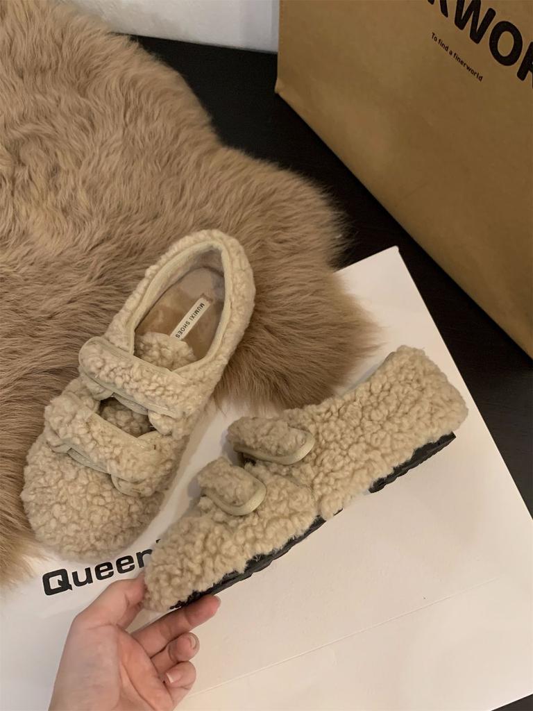 Flat Bottom Versatile White Fluffy Cotton Shoes Women's Shoes Wear 2025 New Autumn and Winter Plush Doudou Plush Single Shoes