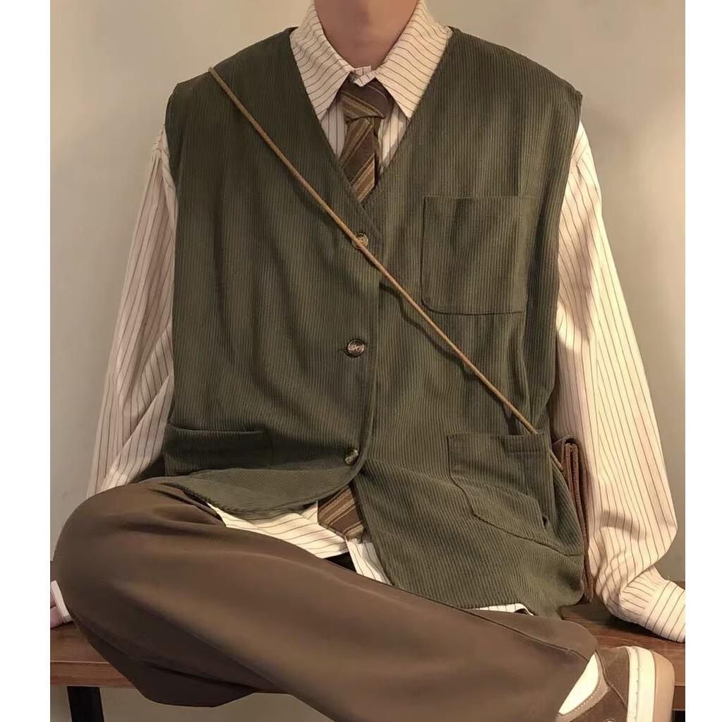 Herren Japanische Retro Cord Fledermaus Weste - Ärmellos, Locker, Trendige Frühling/Herbst Jacke