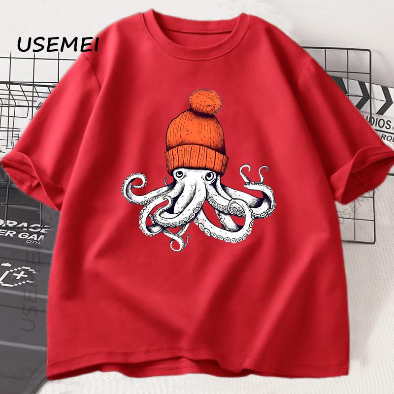 Octopus Orange Beanie Cotton T-shirt Japanese Style Graphic Tees Casual Cotton Short Sleeve Round Neck Tshirts Unisex Clothes