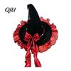 Pointed Witch Hat Halloween for Women, Velvet Wizard with Ruffle Costume Accessory Brim And Bow Party, Masquerade, Cosplay