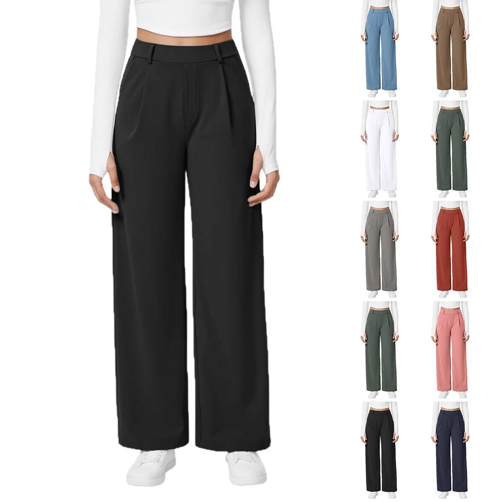 Fashion Women's Casual Solid Color Pocket Loose Slim Straight Suit Pants
