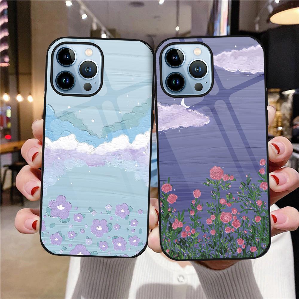 Painted Floral Landscape Case For Iphone 14 13 11 12 Pro Max Mini Xs Xr X 7 8 6s Plus Se 2022 Luxury Tempered Glass Cover Coque
