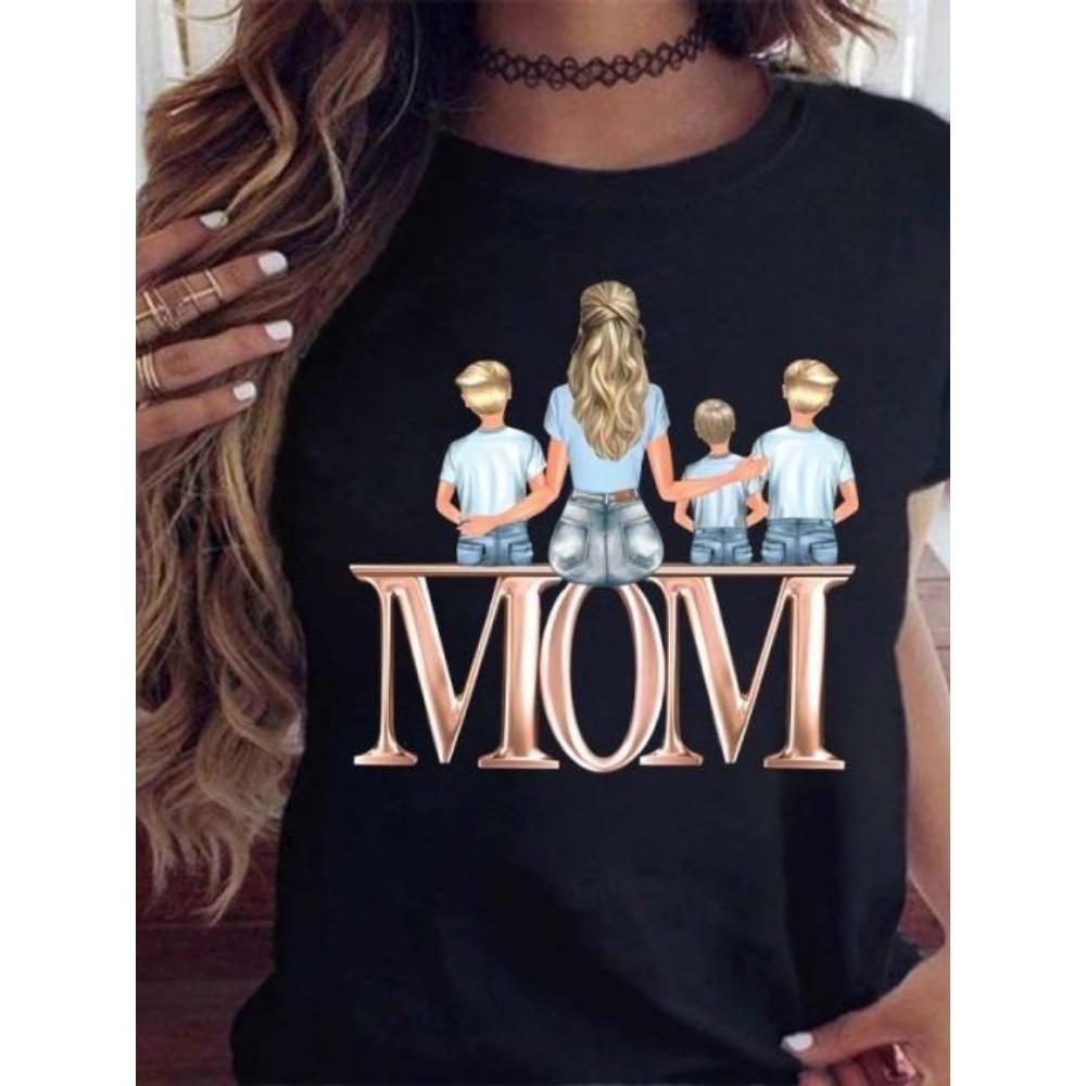 Maycaur Women T Shirt Cartoon Mom Daughter Son Print Lady T-shirts Short Sleeve Tops Women's Kawaii Graphic Female Tshirt Clothe