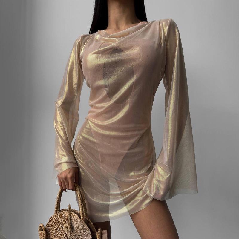 

European Autumn Mesh Flare Sleeve Sexy Dress M