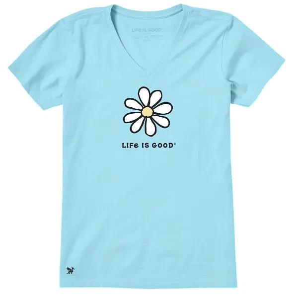 Life is Good Women s Single Daisy Mini Short Sleeve Crusher-LITE Vee, Aqua Blue S