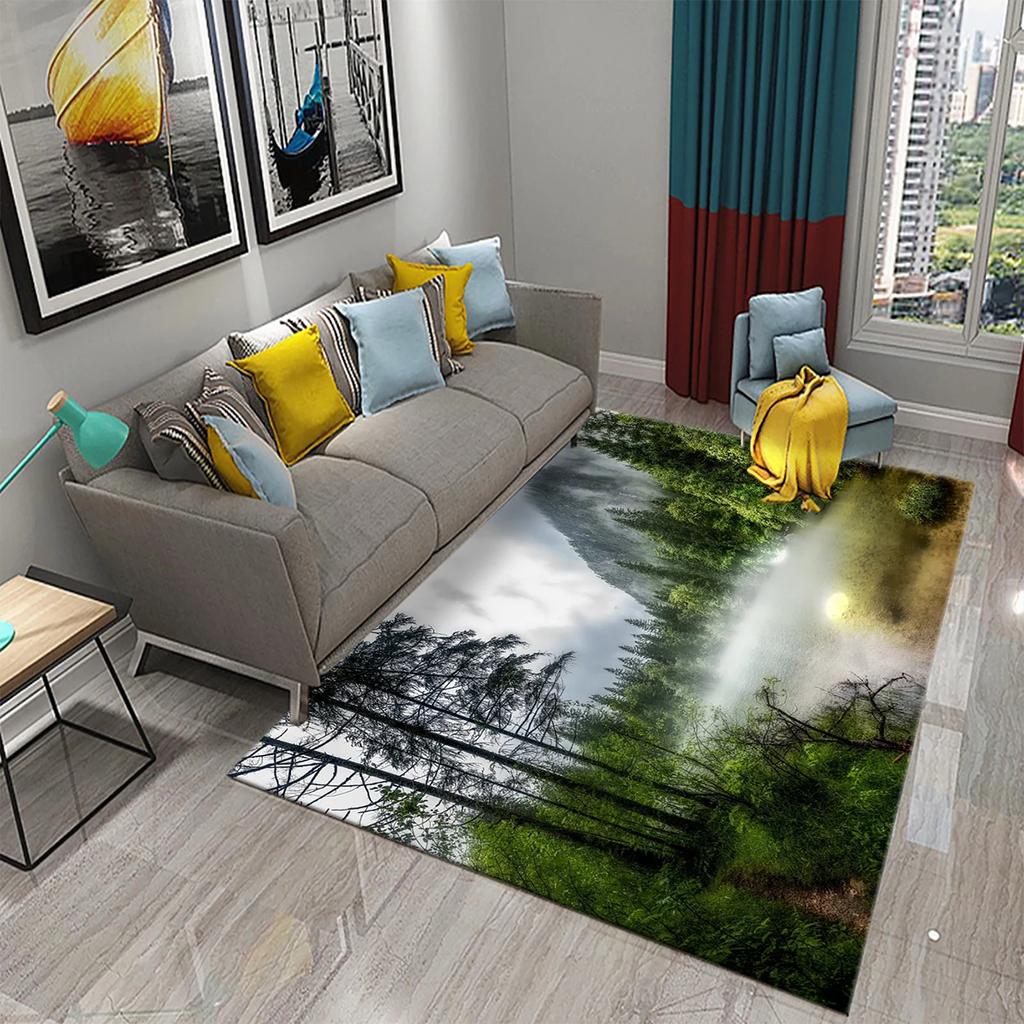 3D Foggy Forest Carpet White Smoke Fog Clouds Rugs Bathroom Kitchen Non-Slip Doormat Area Rug Living Room Bedroom Decor Rugs