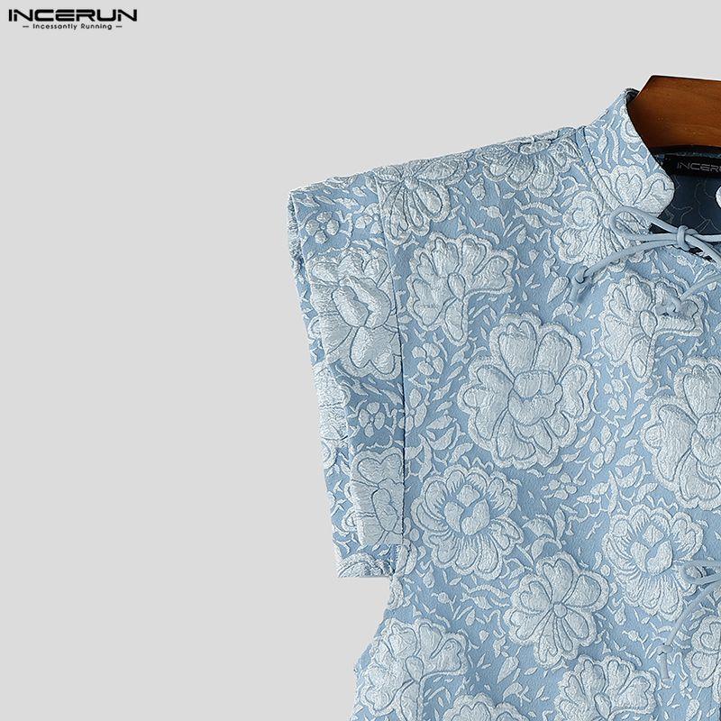 INCERUN Camisetas Casuales para Hombre de Verano Vintage de Manga Corta con Textura y Flores