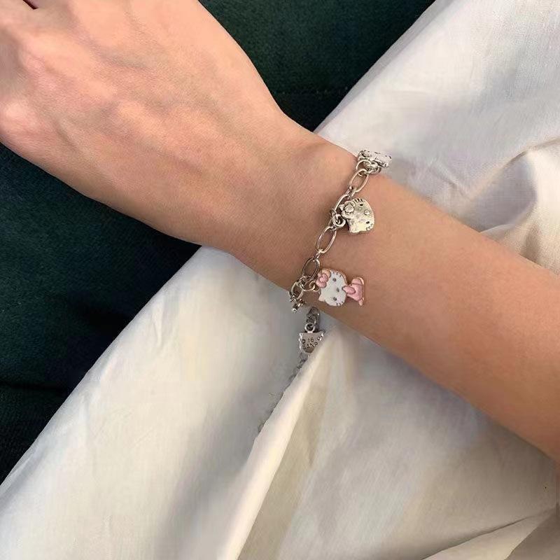 Dark Alloy Double Layer Bracelet with Heart, Little Bear, and Cross Pendants