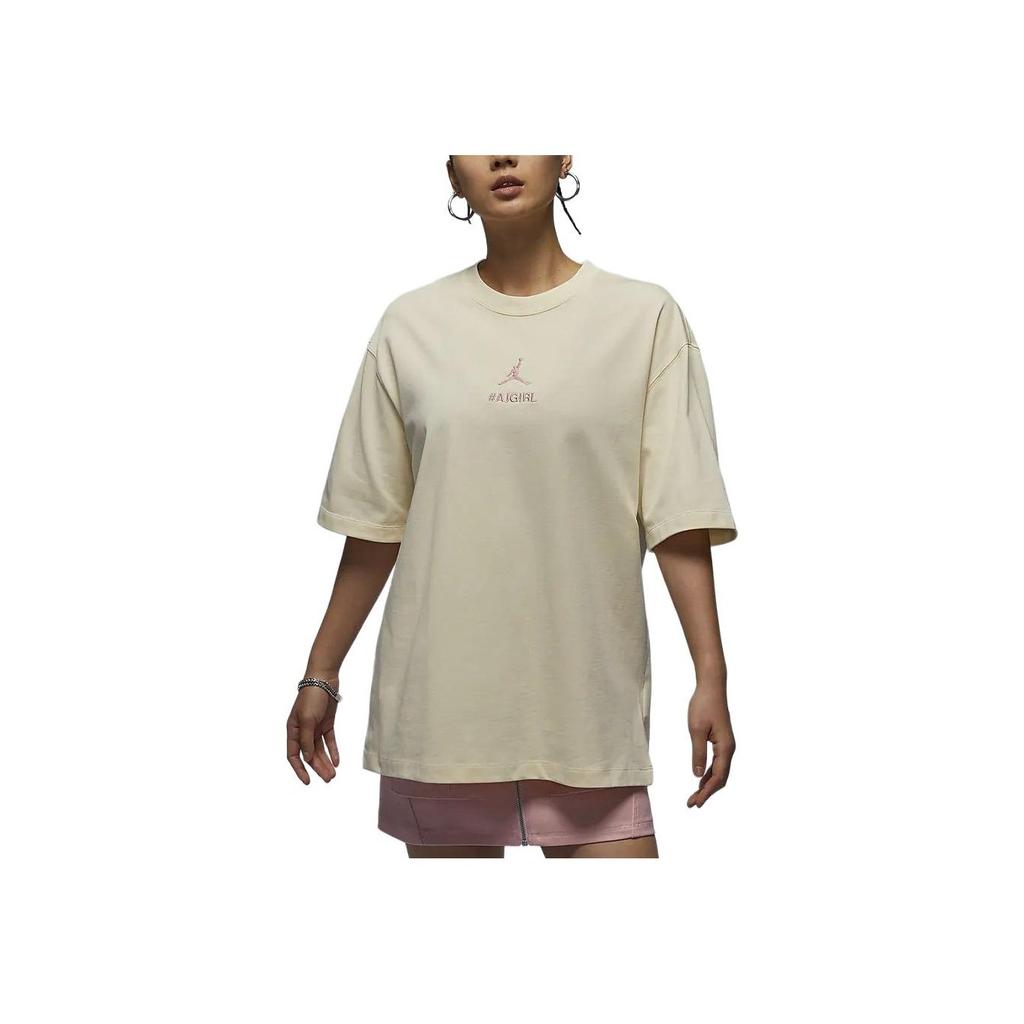 Jordan Letter Logo Print Round Neck Pullover Loose Short Sleeve T-Shirt With Drop Shoulder Women Tops Coconut-Milk HJ3963-113