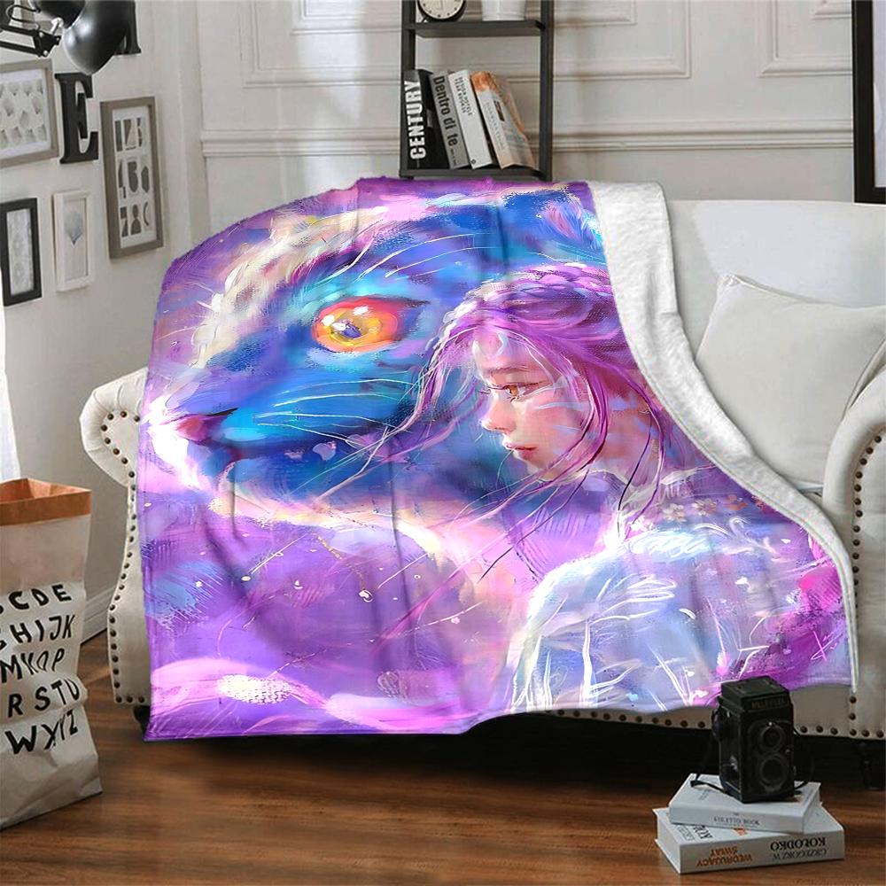 1Pc Fantasy Tiger Girl Blanket For Couch Bed Plush Cozy Fuzzy Blanket Super Soft Warm Blankets For Fall And Winter 0918191