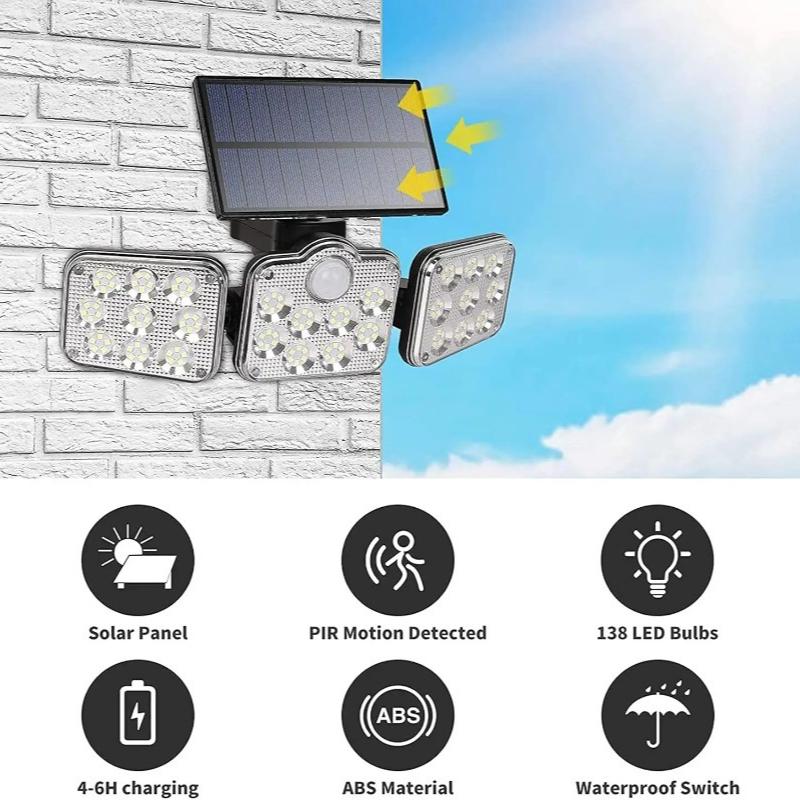 3‑Head Solar Outdoor Wall Light, Motion Sensor Security Light, 270° Wide‑Angle Illumination Waterproof Lamp for Garden, Garage, Yard