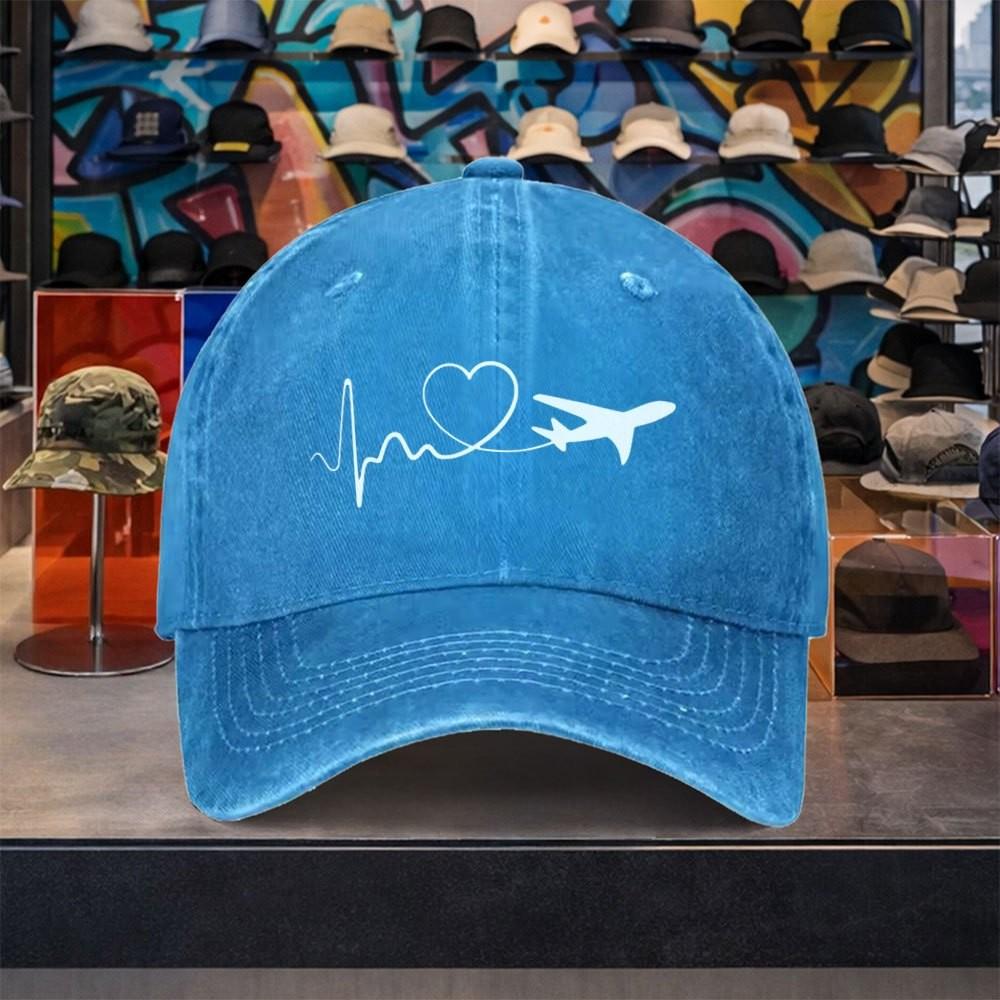Airplane Heartbeat ECG Print Washed Baseball Cap Vintage Adjustable Cotton Outdoor Travel Hat