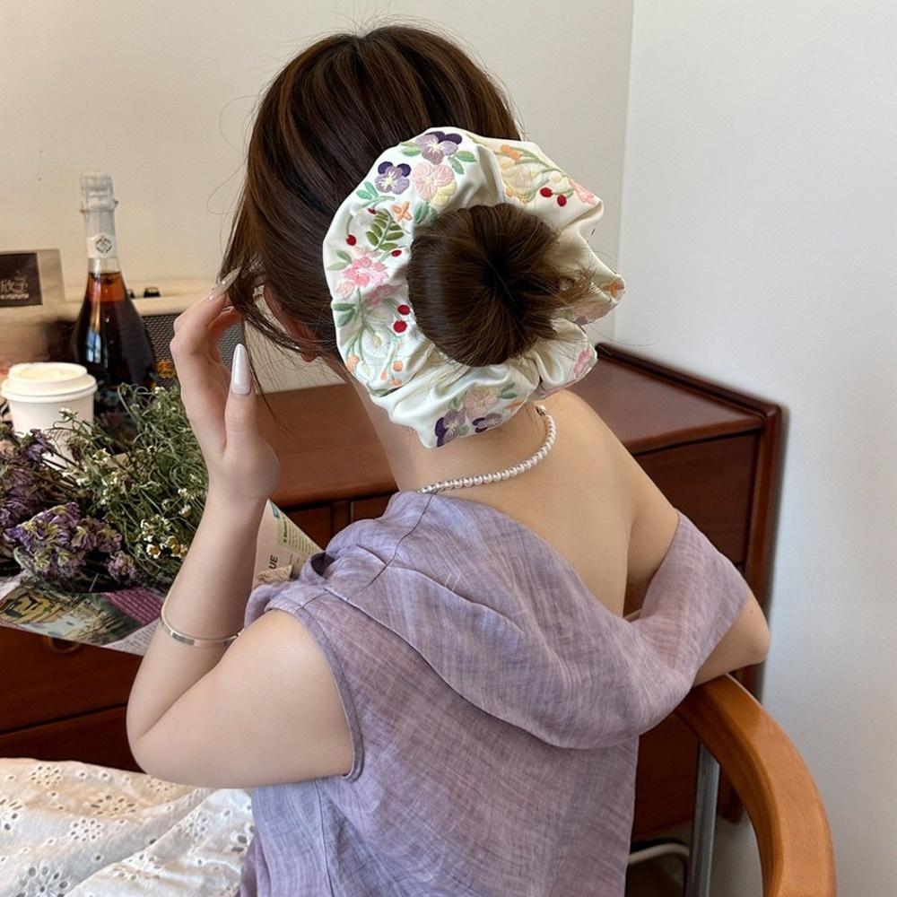 Satin Floral Scrunchies Colorful Hair Ropes Sweet Embroidery Hair Scrunchies  Rubber Bands