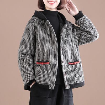 Damen Karierter Kapuzenwattemantel Herbst Winter Mode Wärme Retro Kurze Parkajacke