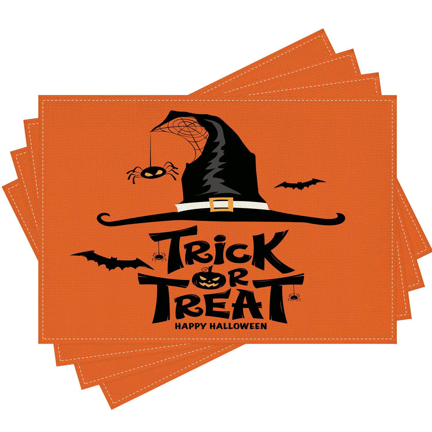 

4/ 6pcs Trick or Treat Witch Hat Bat Spider Pumpkin Halloween Placemats 12x18 Inch Table Mats for Kitchen Dining Party Home Deco 30x45cm-4PC