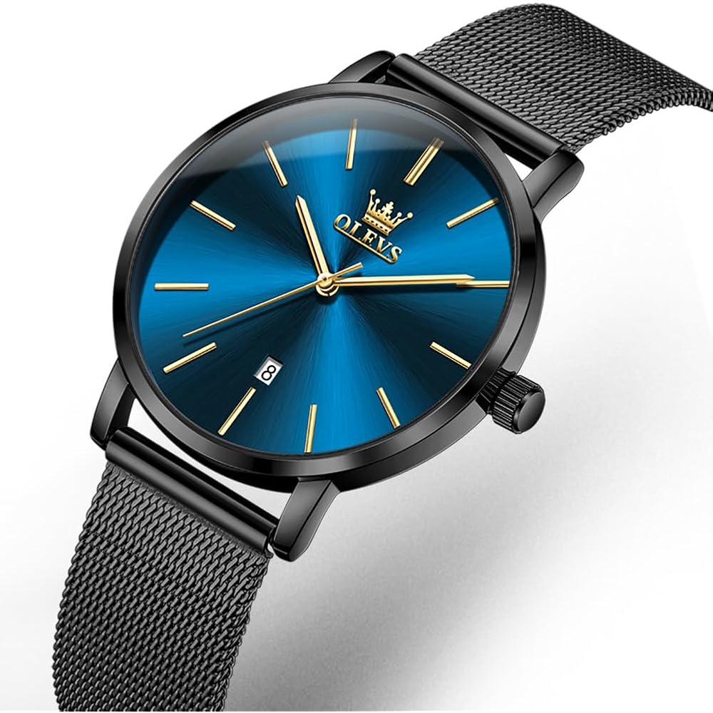 OLEVS Women's Minimalist Casual Watch Leather Band Waterproof Analog Quartz with Date Calendar Black Blue Mesh Strap
