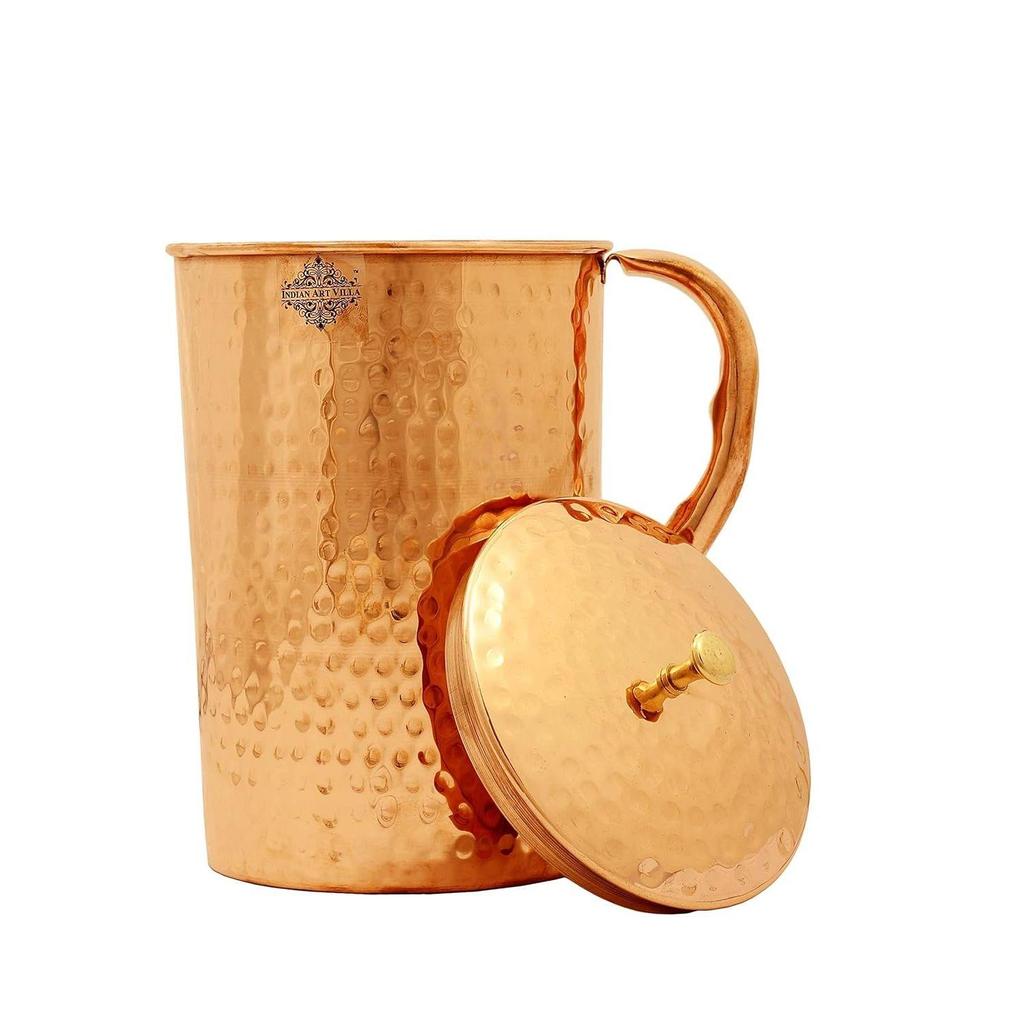 Dárková sada nápojového nádobí z čisté mědi 1 džbán a 2 sklenice s dárkovou krabičkou a tepaným designem, džbán-1,5 litru a sklenice-275 ml