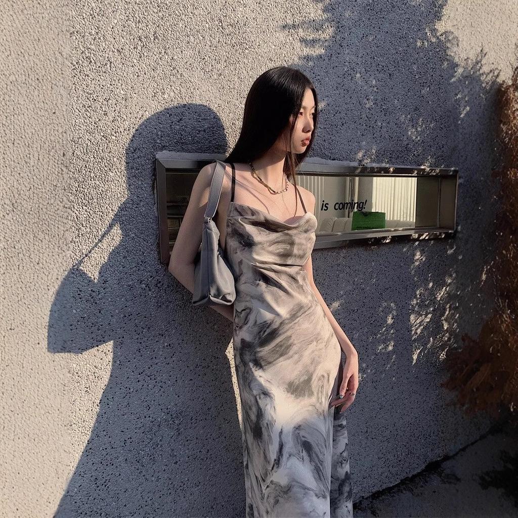 Coffee break French temperament waist floral suspender dress women's new summer seaside vacation dress