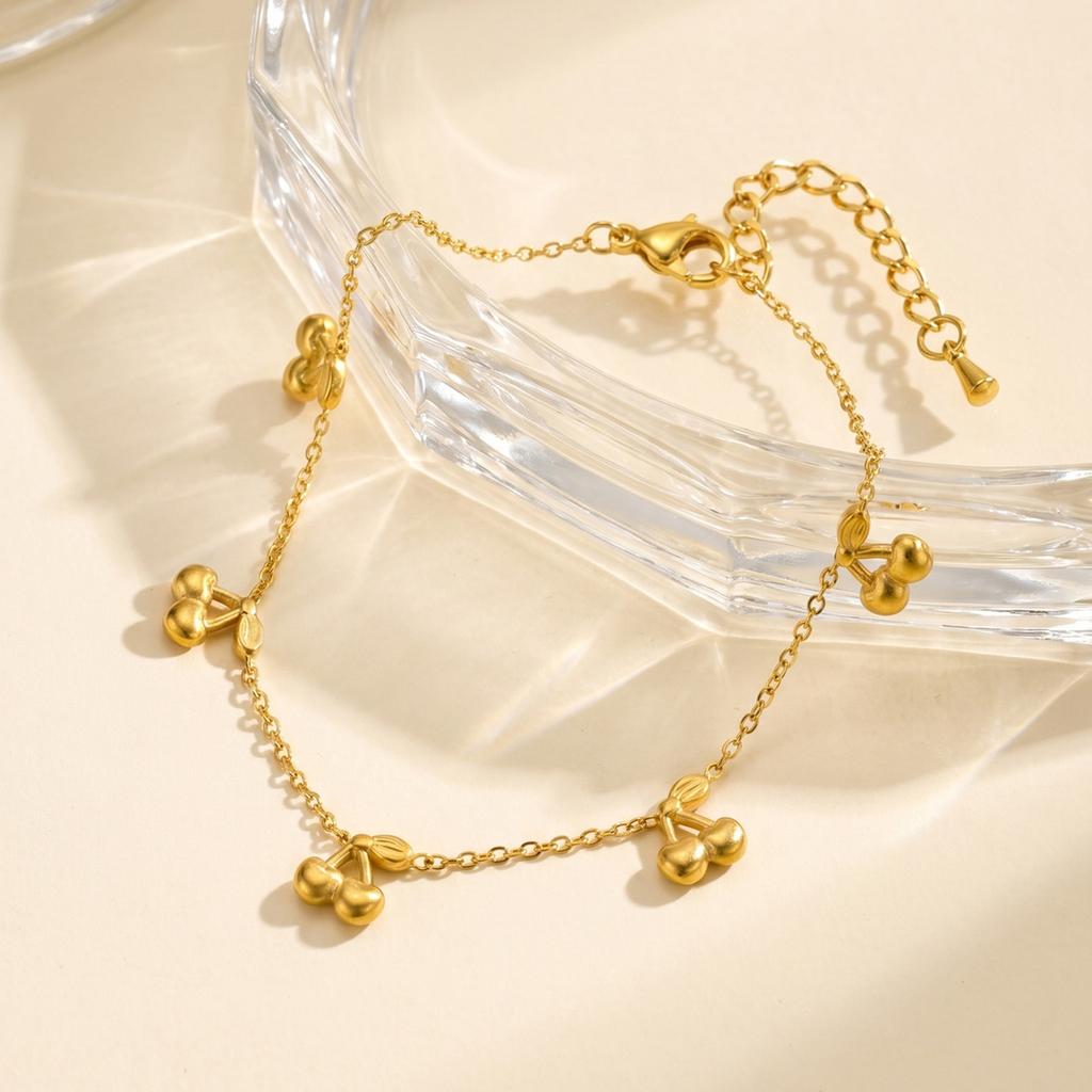 Dainty Cherry Anklet, 18K Gold PVD Stainless Steel, Waterproof Anti-Tarnish Charm Ankle Bracelet for Summer Foot Jewelry