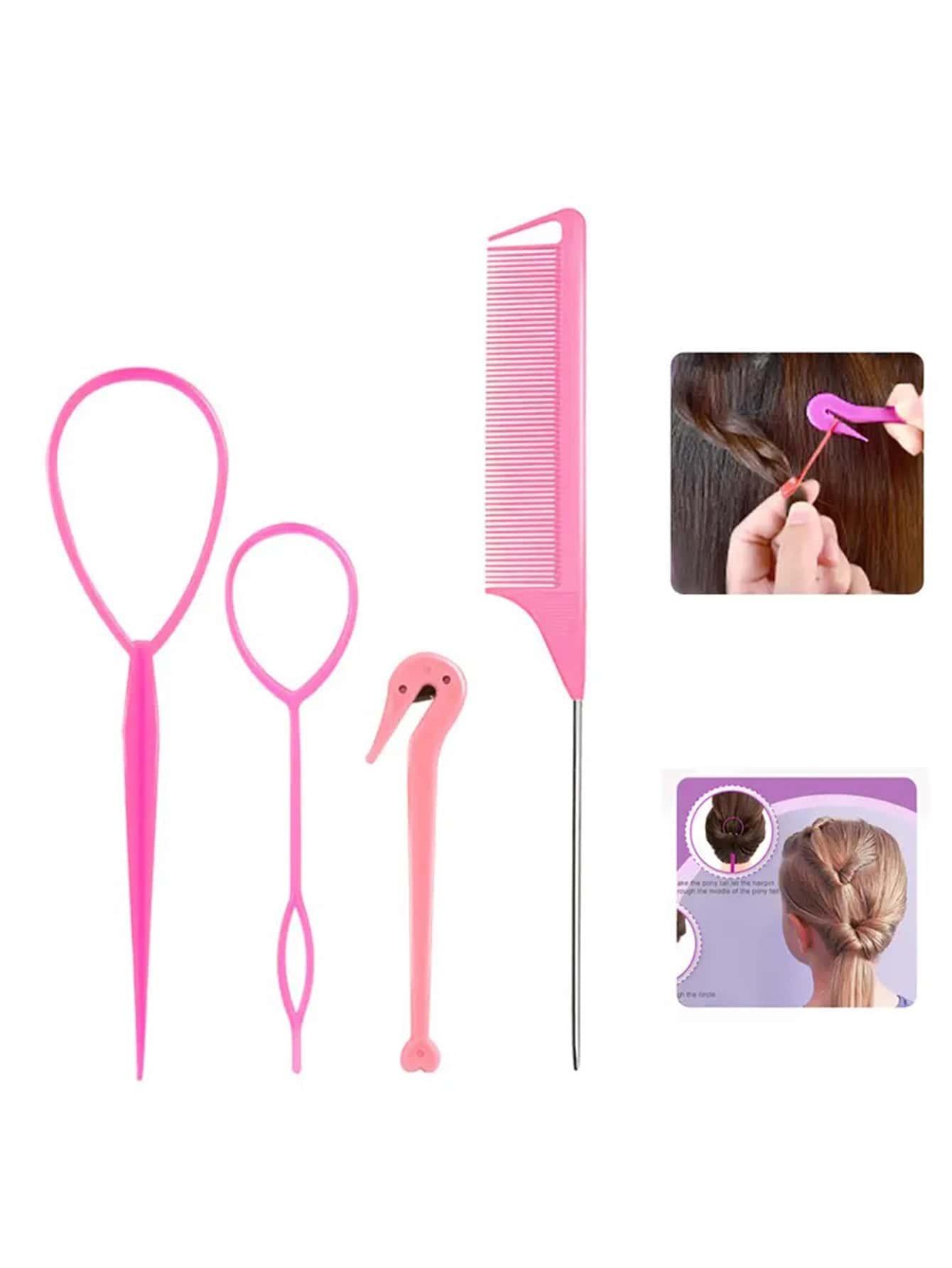 

4pcs French Knitting Tool Steel Needle Mouse Tail Comb Generator Elastic Headband for Hair Styling Special for real hair wigs