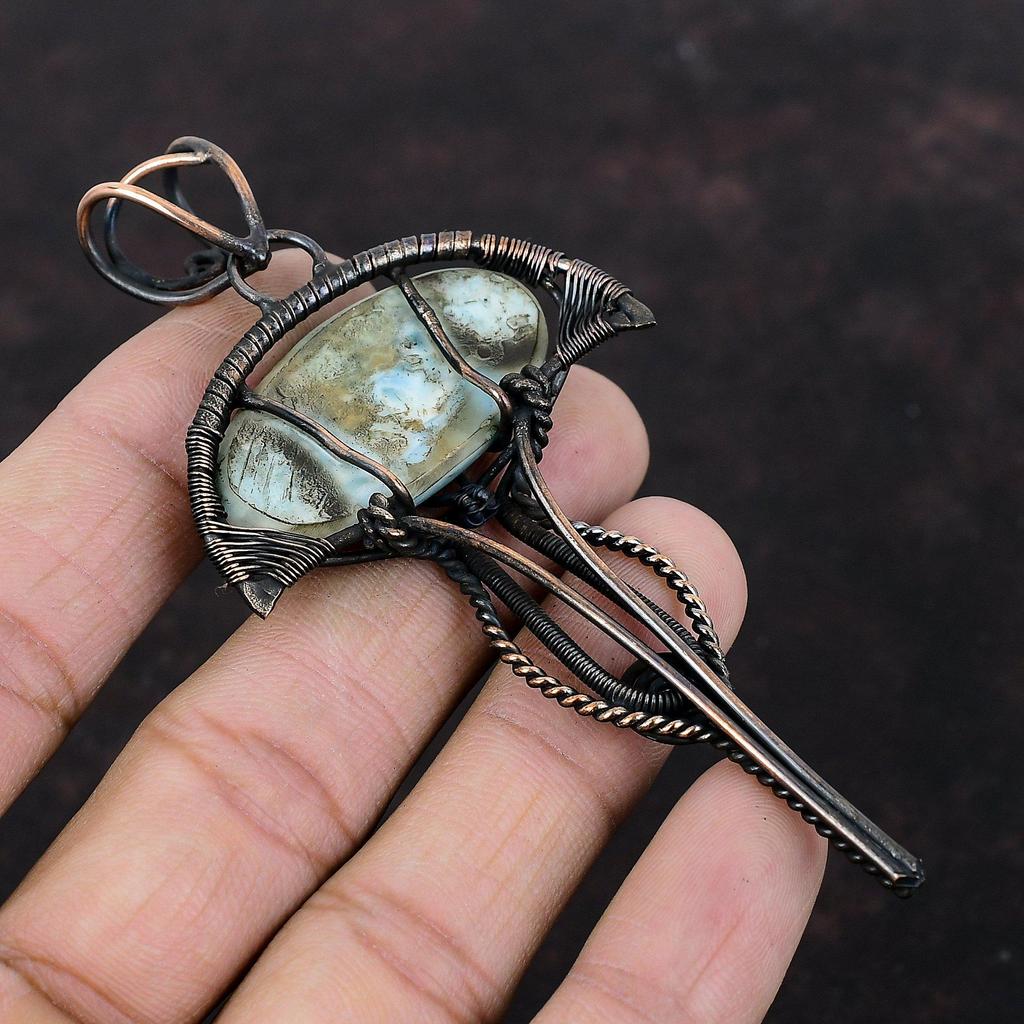 Larimar Pendant Copper Wire Wrapped Pendant Larimar Gemstone Jewelry Handmade Designer Pendant Unique Copper Wire Jewelry Engagement Gifts